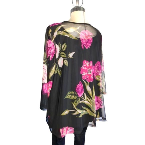 VICTORIA COLLECTION Black Mesh And Pink Floral Elegant Blouse Size Plus XXL - Picture 7 of 13
